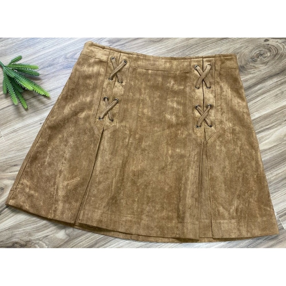 Fab'rik Skirt Womens Size S Suede Faux Camel Short Pleated Grommet Ties